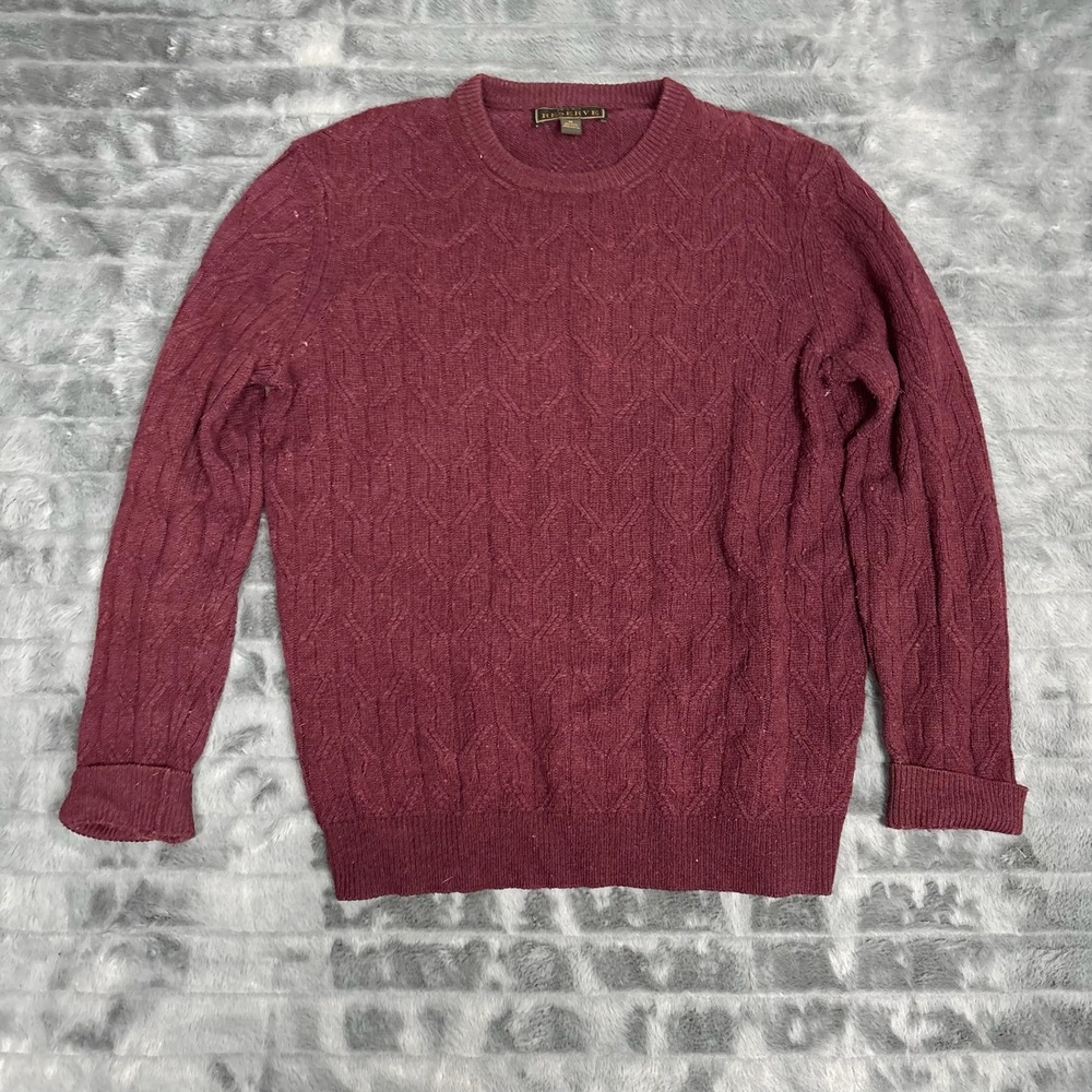 Jos A Bank Reserve Mens Medium Burgundy Wool Blend Cable Knit Crewneck Sweater